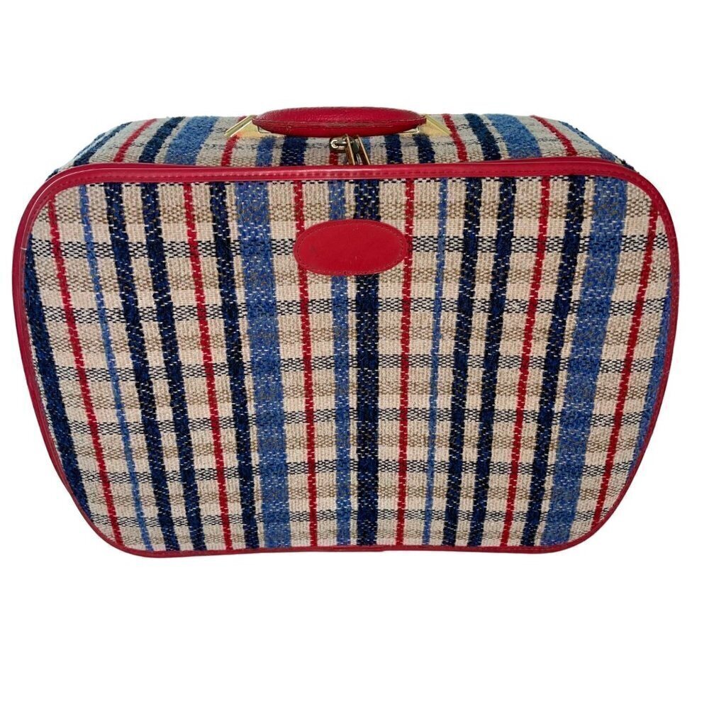 Vintage Womens Suitcase Multicolor Mcm Plaid With Lock and Keys - Picture 1 of 10